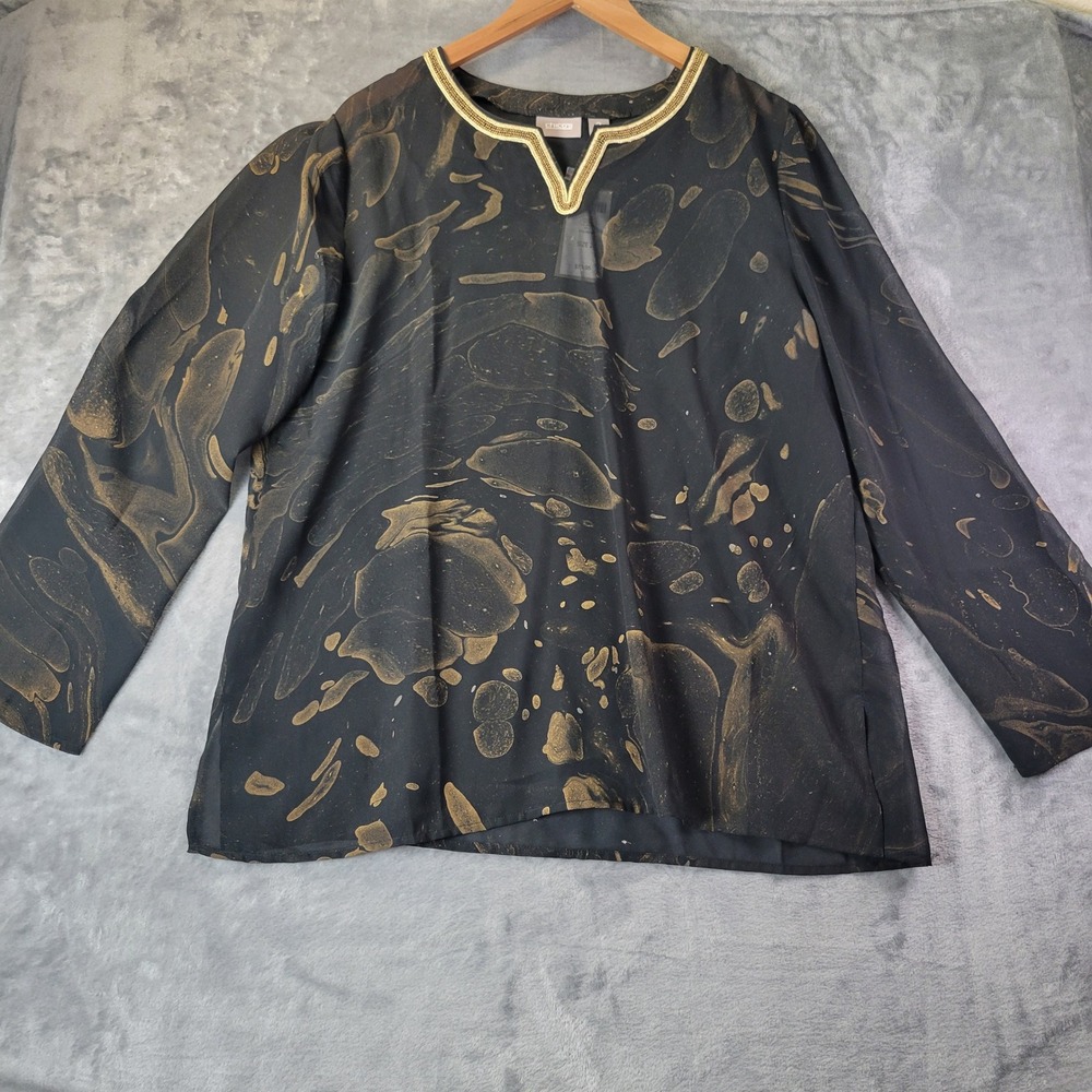 Chicos Imogen Galaxy Top Size 2 Black Gold Marble Beaded Neck Long Sleeve Glam